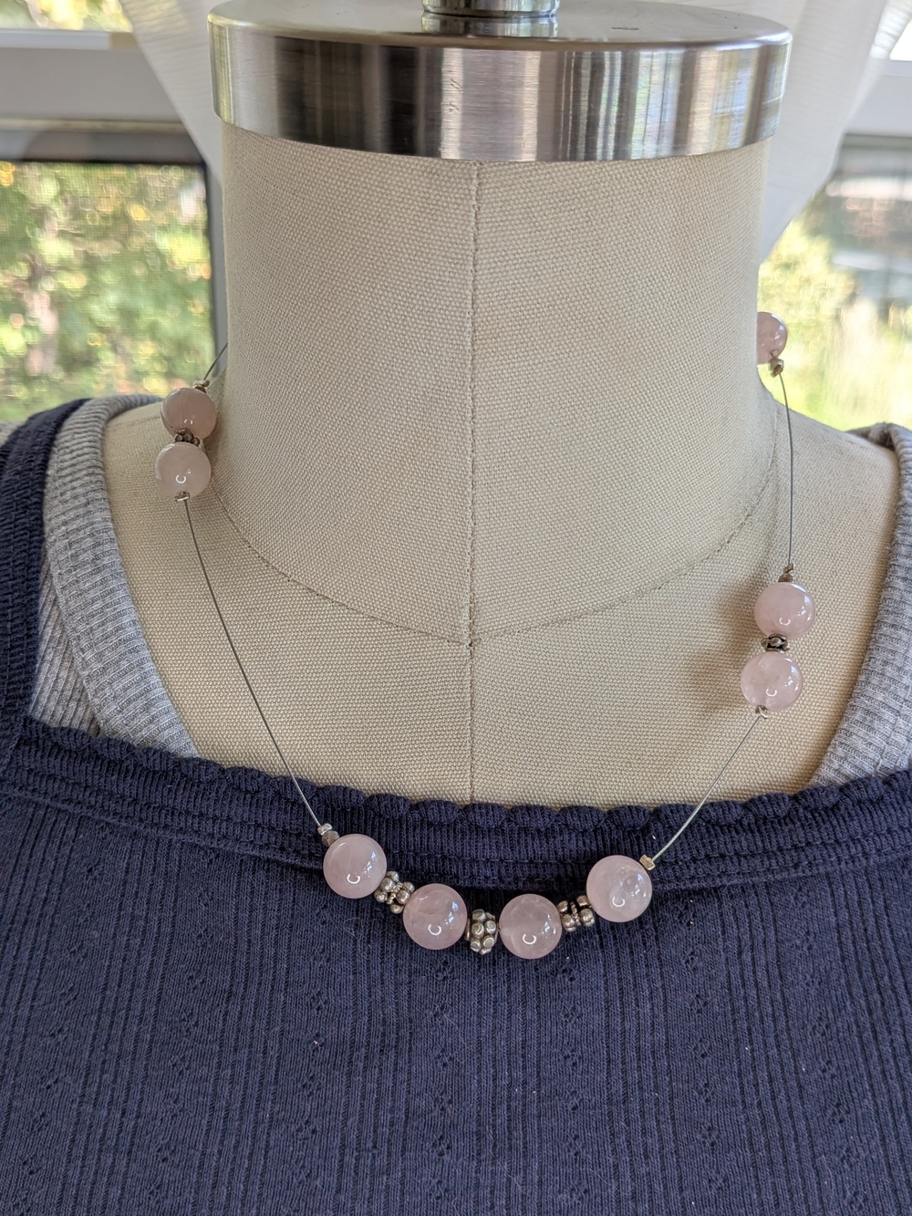 Genuine Rose Quartz Floating Bead Illusion Wire Necklace Silver Spacers